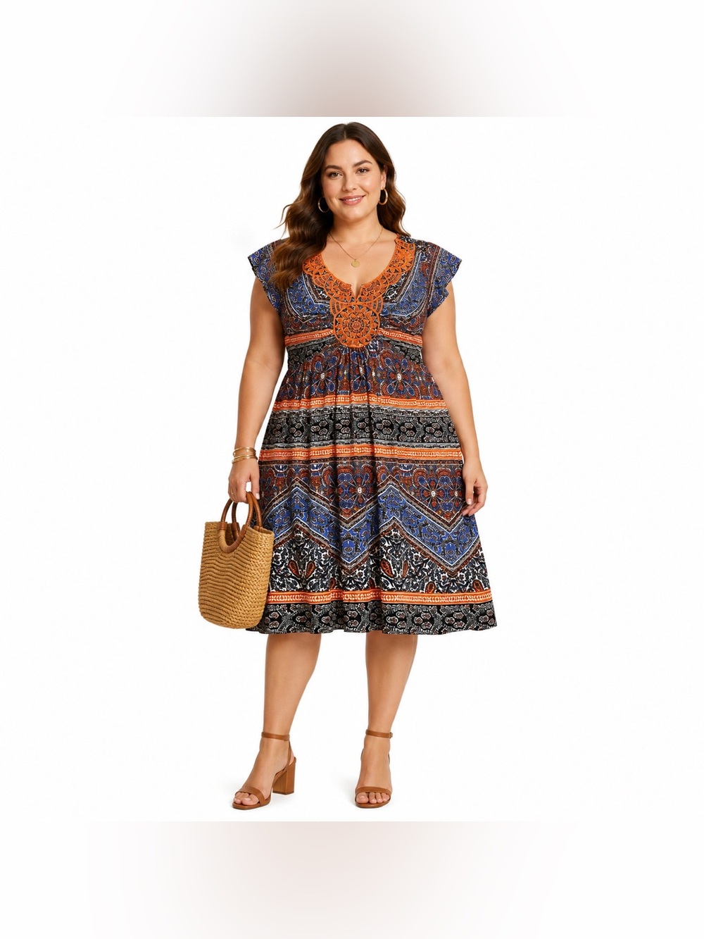 One World Boho Paisley Empire Waist Knee Length Dress Plus Size 1X
